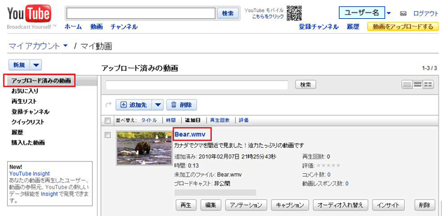 アップロードした動画が表示される