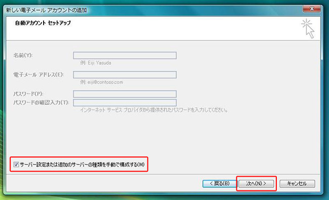 サーバー設定または追加サーバーの種類を手動で構成するにチェックを入れて次へ進む